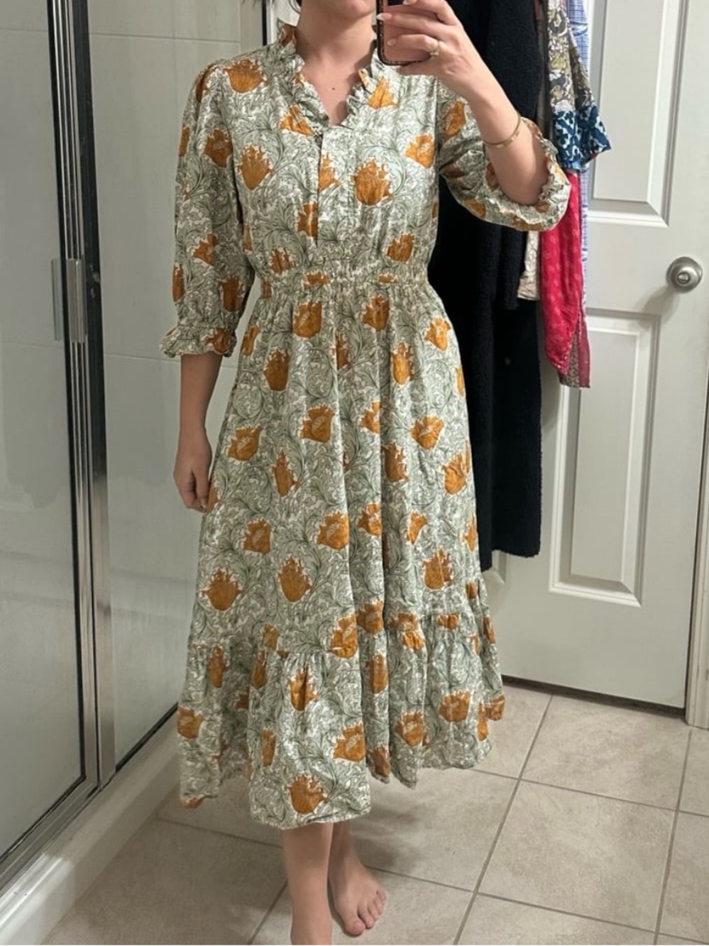 Umgee Sage Green Midi Dress with Mustard Floral Print